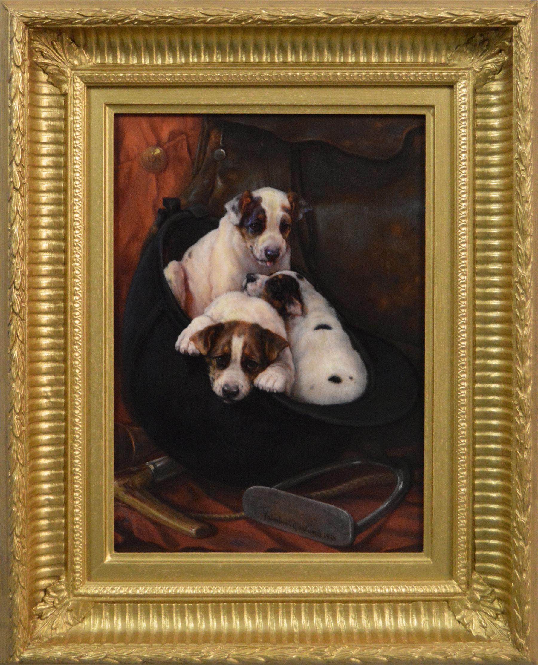Valentine Thomas Garland Animal Painting - Dog portrait oil painting of fox terrier puppies