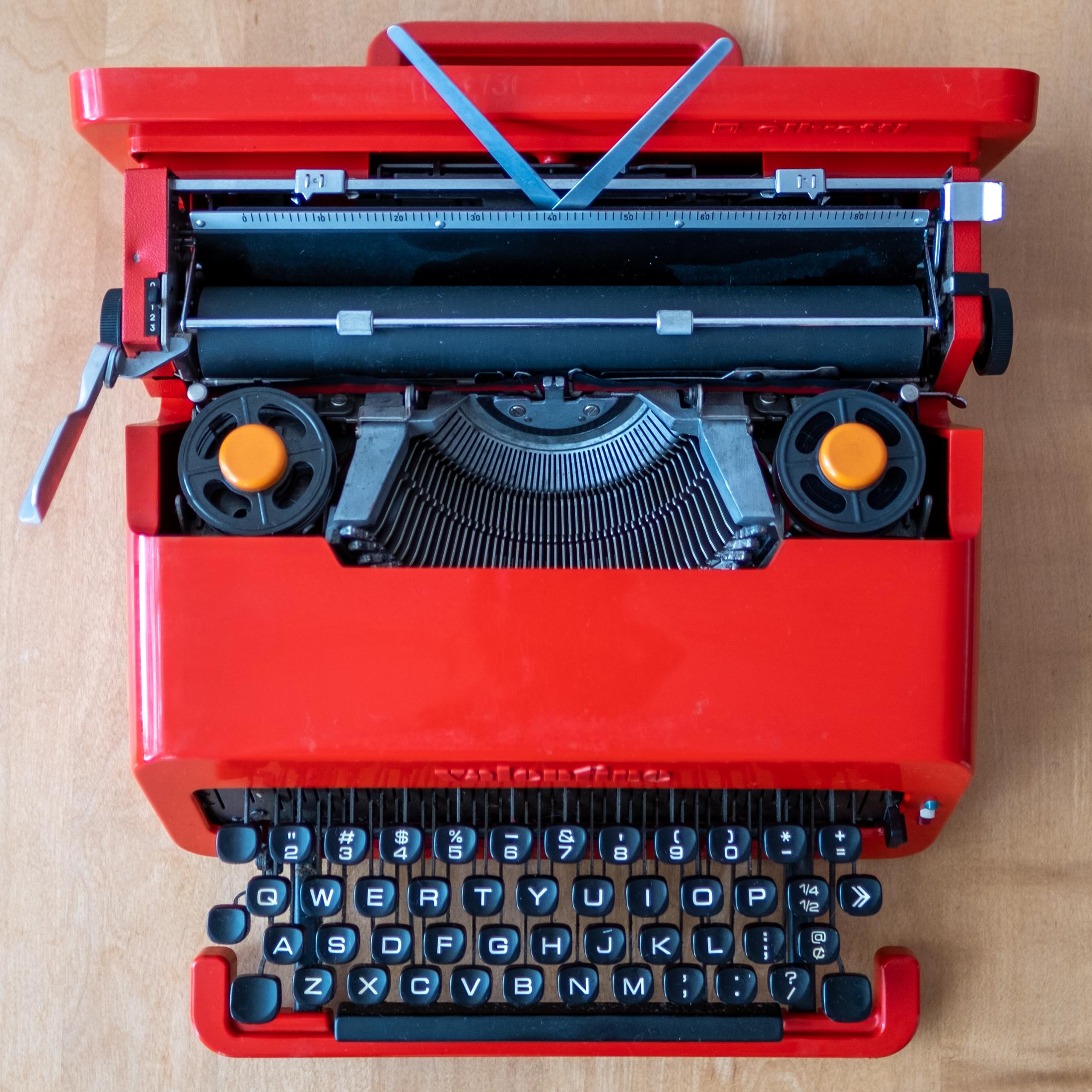 Plastic Valentine Typewriter by Ettore Sottsass & Perry King with Olivetti Hang Tag