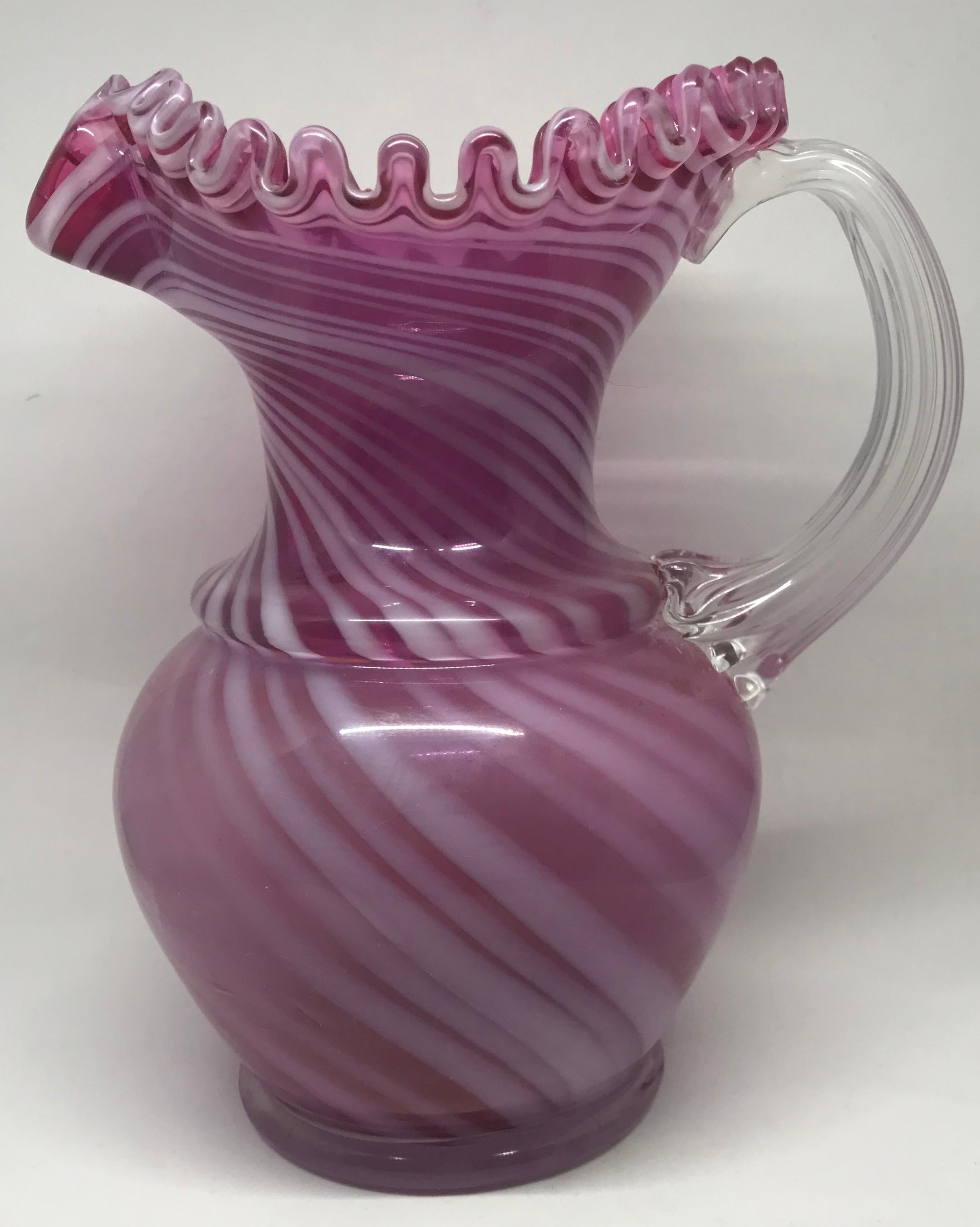 American Pink and White Striped Glass Pitcher