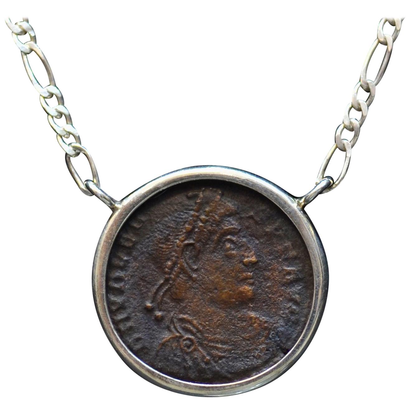 Valentinian I Roman Coin Silver Necklace For Sale