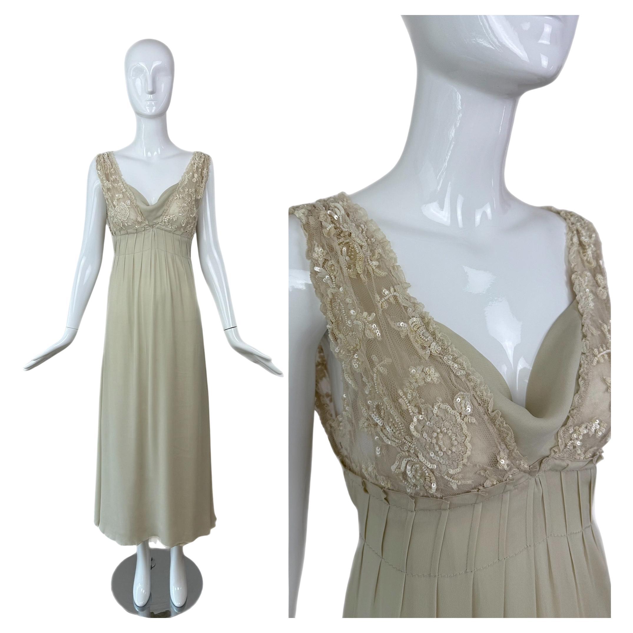 VALENTINO 00's Vintage Khaki Color Embellished Gown Maxi Bridal Wedding Dress For Sale