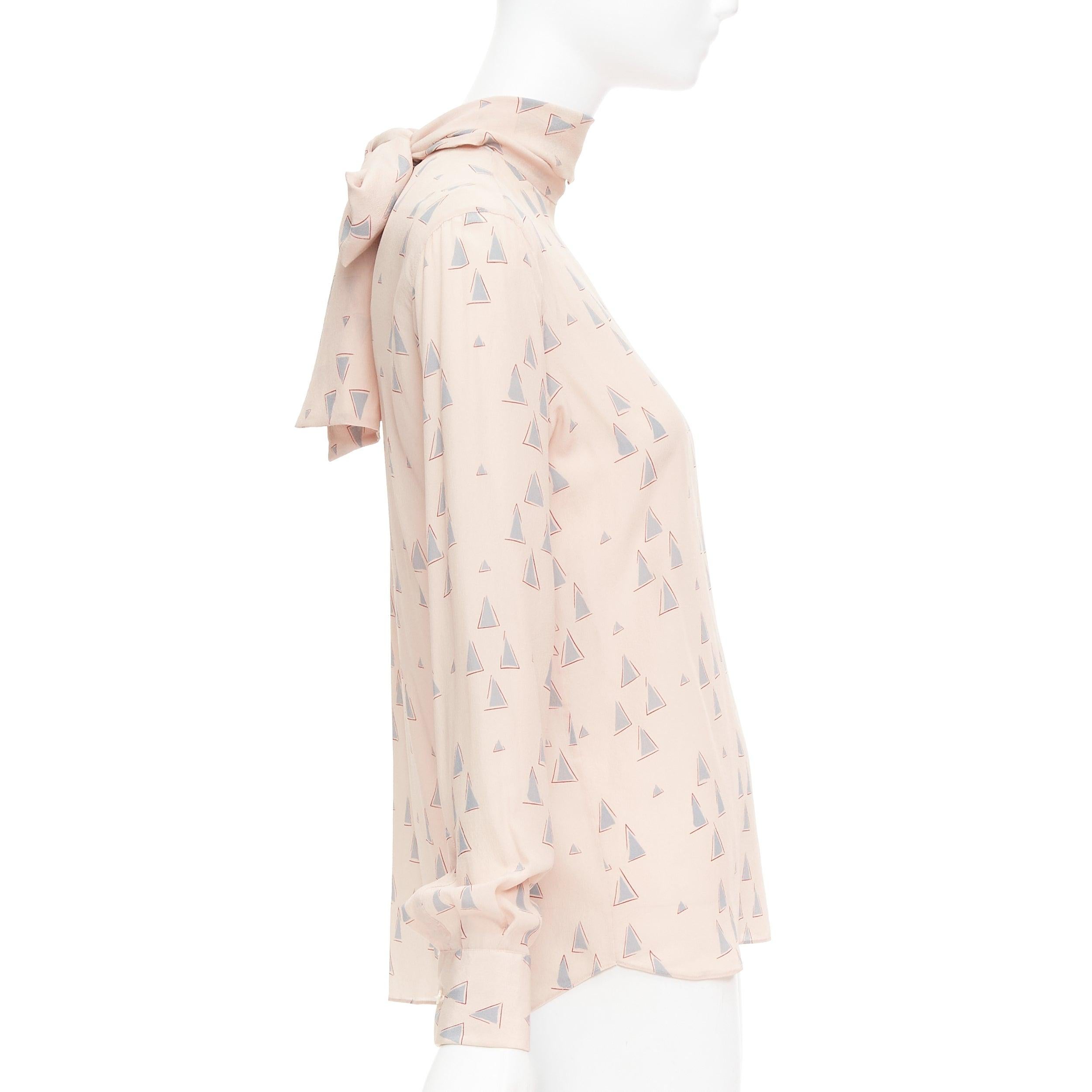 Women's VALENTINO 100% silk blush pink grey triangle print tie neck blouse US4 S