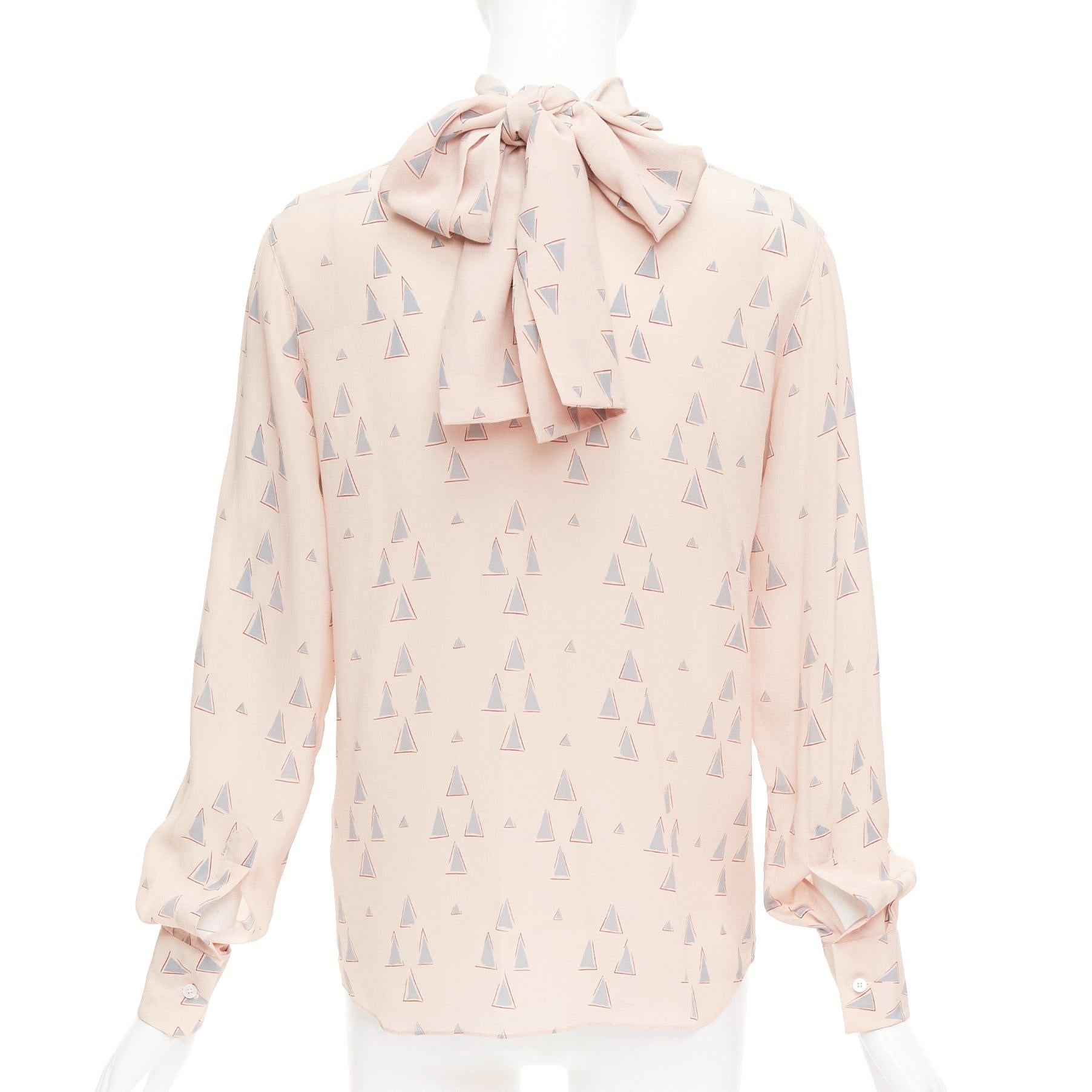 VALENTINO 100% silk blush pink grey triangle print tie neck blouse US4 S 1