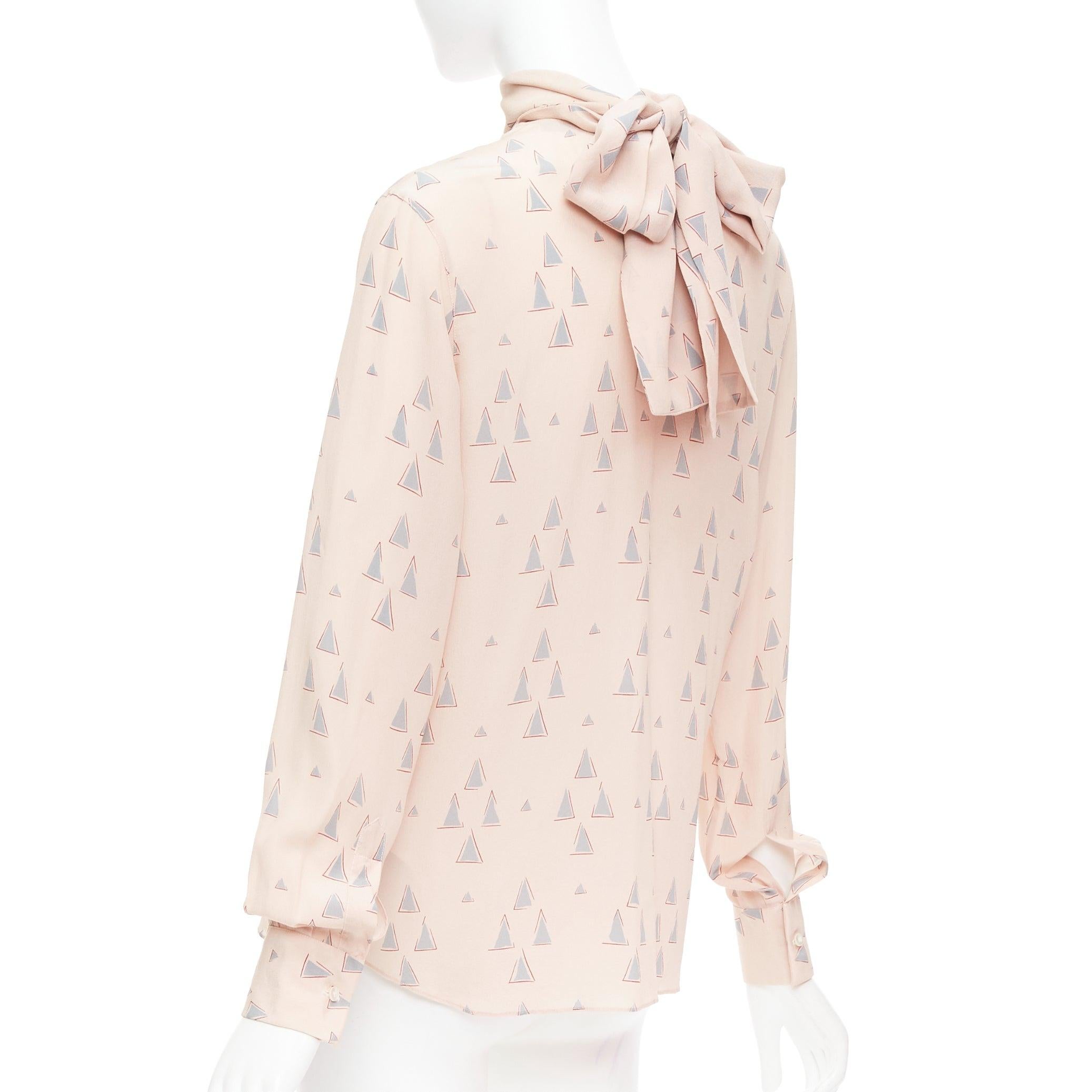 VALENTINO 100% silk blush pink grey triangle print tie neck blouse US4 S 2