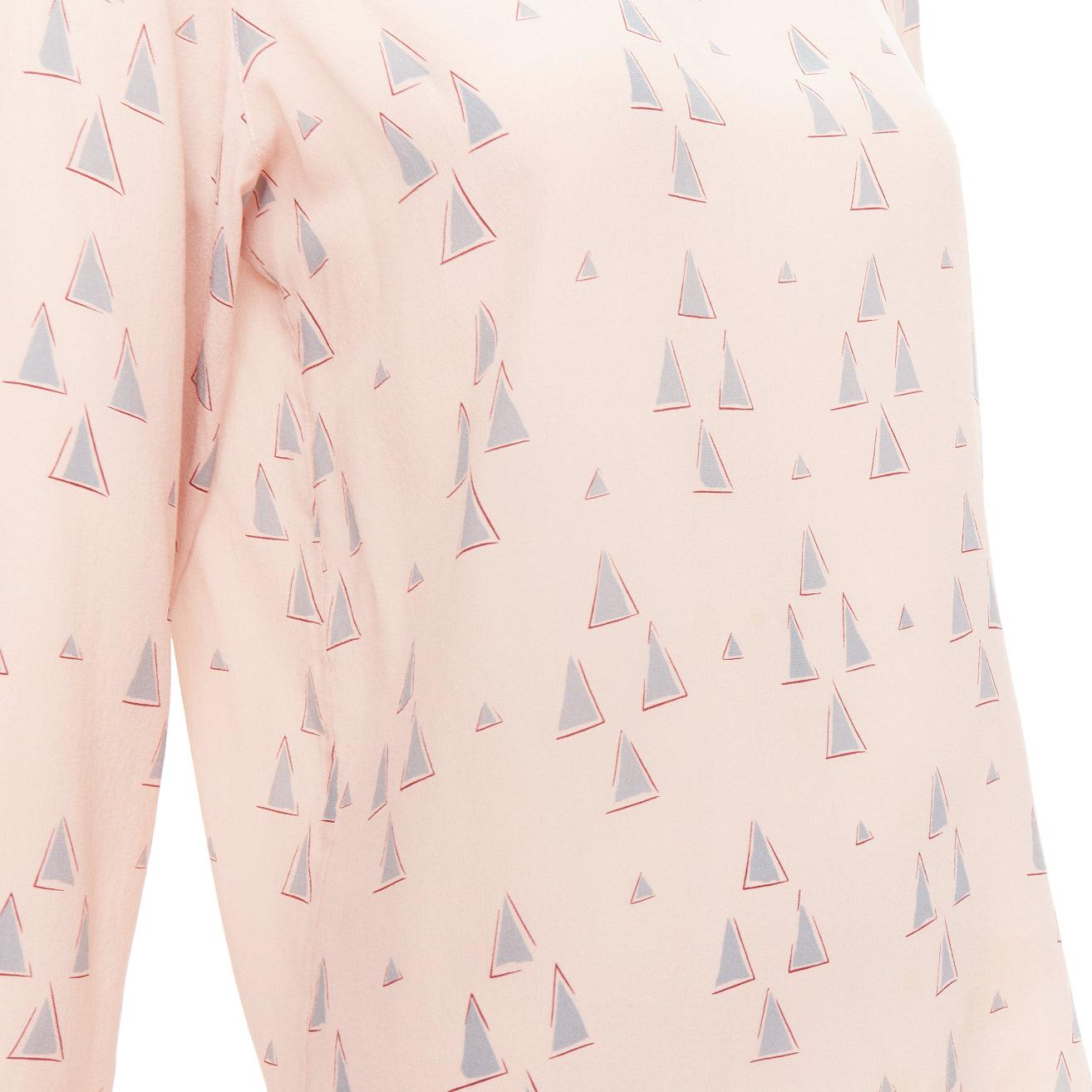 VALENTINO 100% silk blush pink grey triangle print tie neck blouse US4 S 3