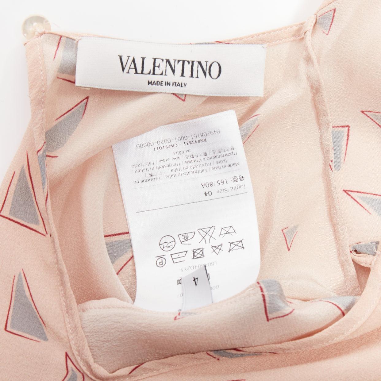 VALENTINO 100% silk blush pink grey triangle print tie neck blouse US4 S 4