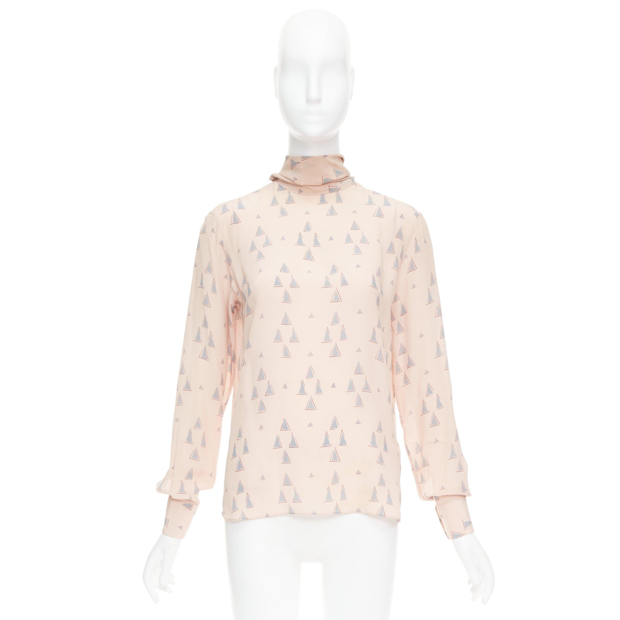 VALENTINO 100% silk blush pink grey triangle print tie neck blouse US4 S 5