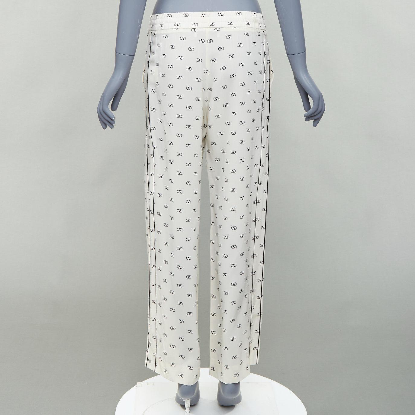VALENTINO 100% silk cream V logo black trim pajama pants IT36 XXS For Sale 1