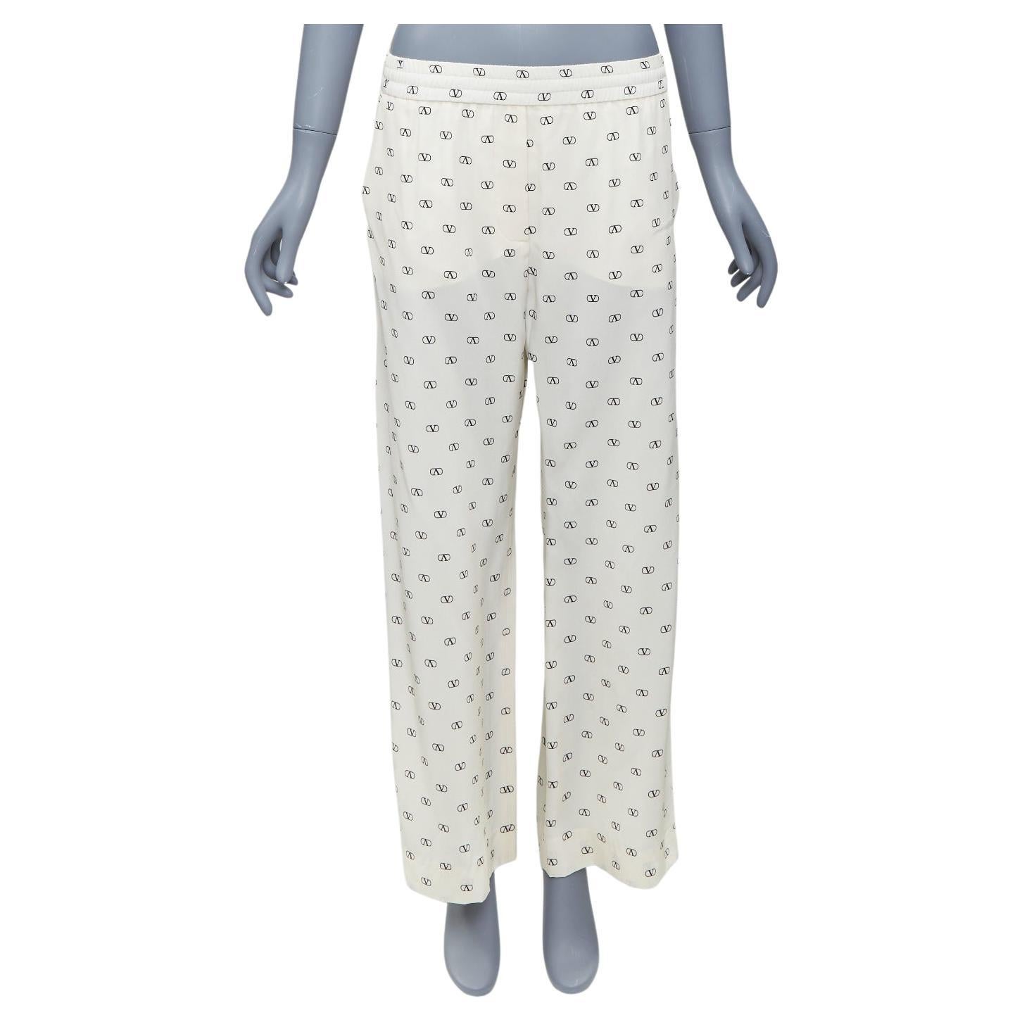 VALENTINO 100% silk cream V logo black trim pajama pants IT36 XXS For Sale