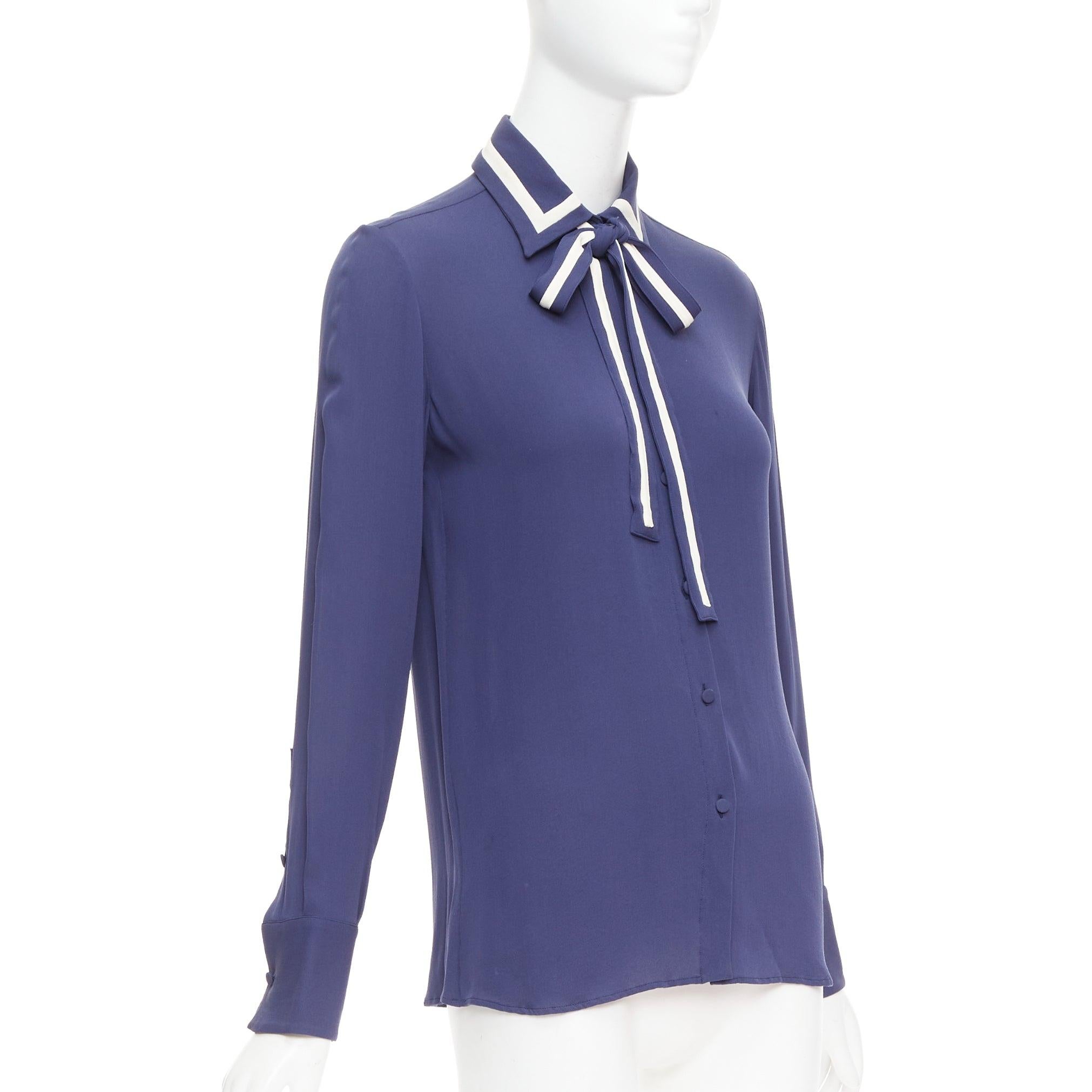 Purple VALENTINO 100% silk navy cream trim tie neck blouse shirt US4 S For Sale