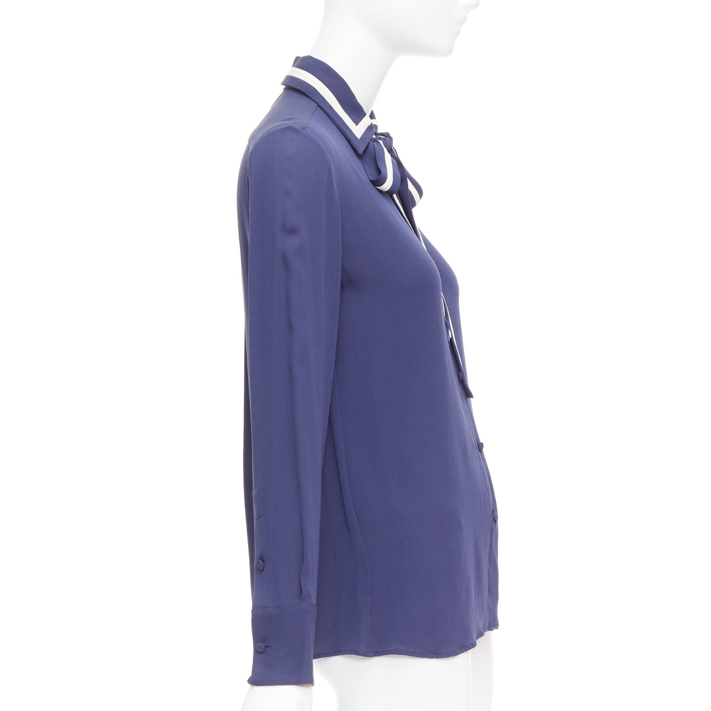Women's VALENTINO 100% silk navy cream trim tie neck blouse shirt US4 S For Sale