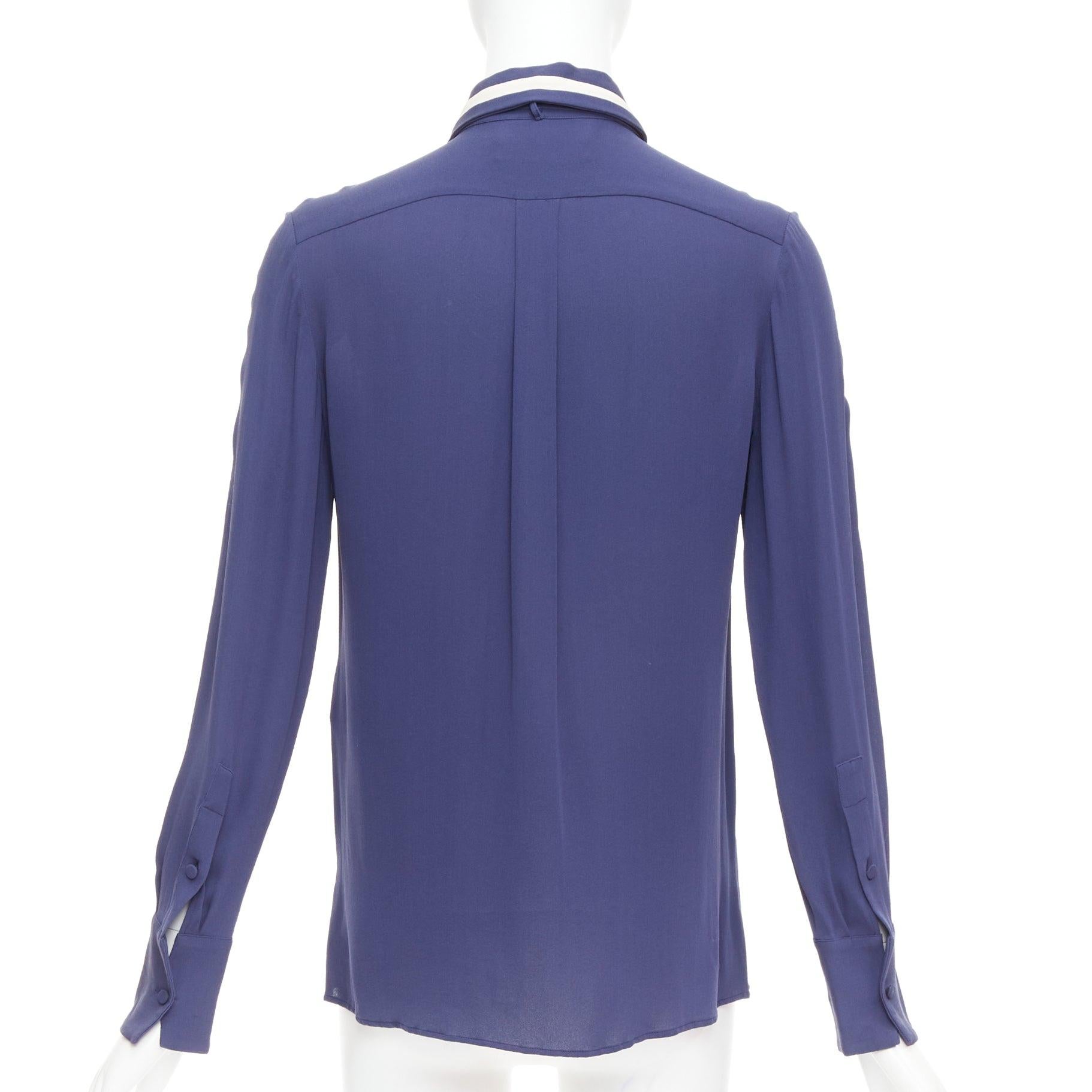 VALENTINO 100% silk navy cream trim tie neck blouse shirt US4 S For Sale 1