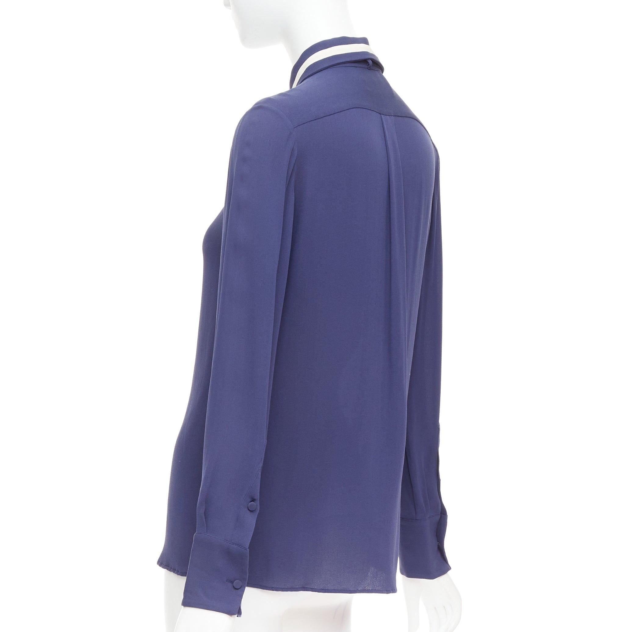 VALENTINO 100% silk navy cream trim tie neck blouse shirt US4 S For Sale 2