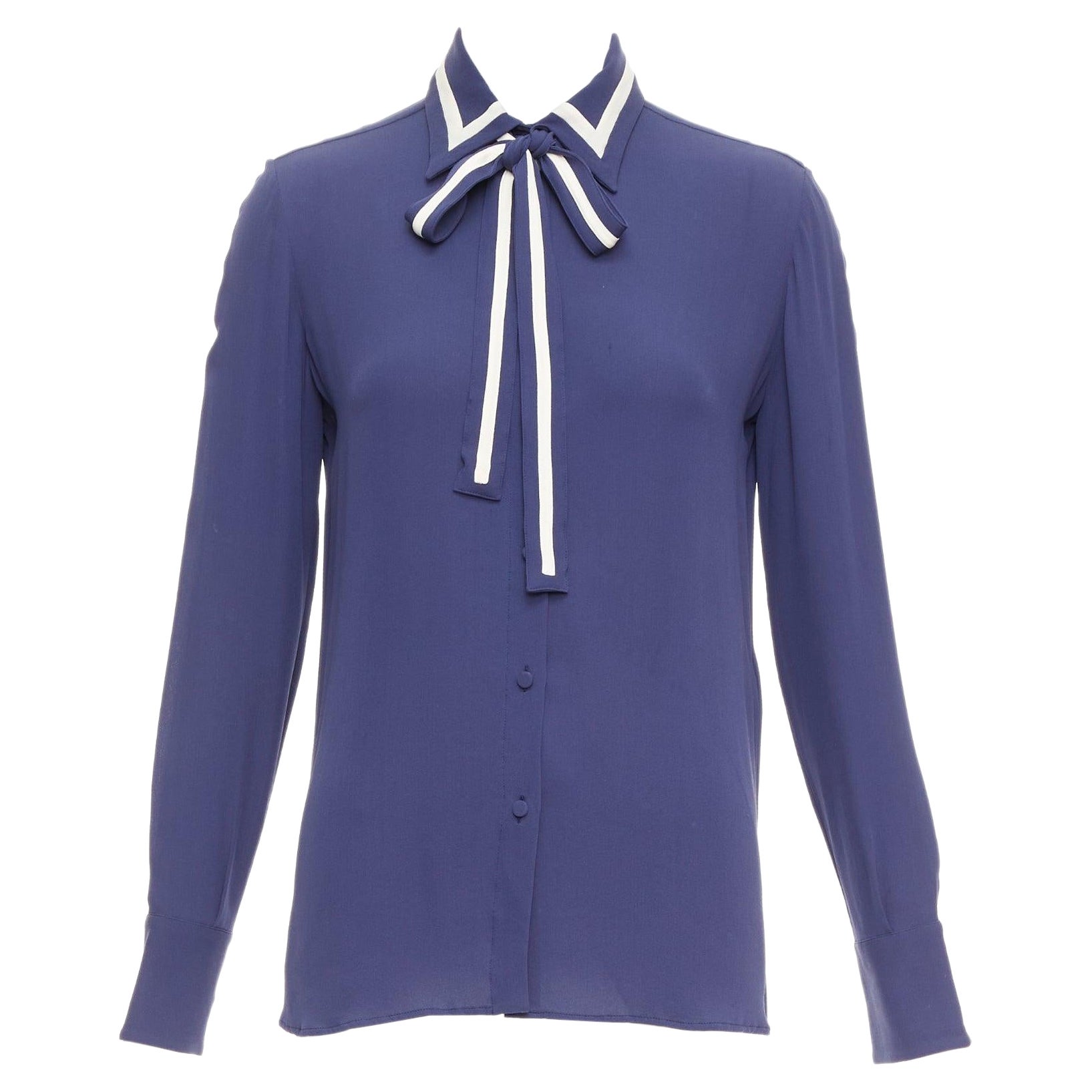 VALENTINO 100% silk navy cream trim tie neck blouse shirt US4 S