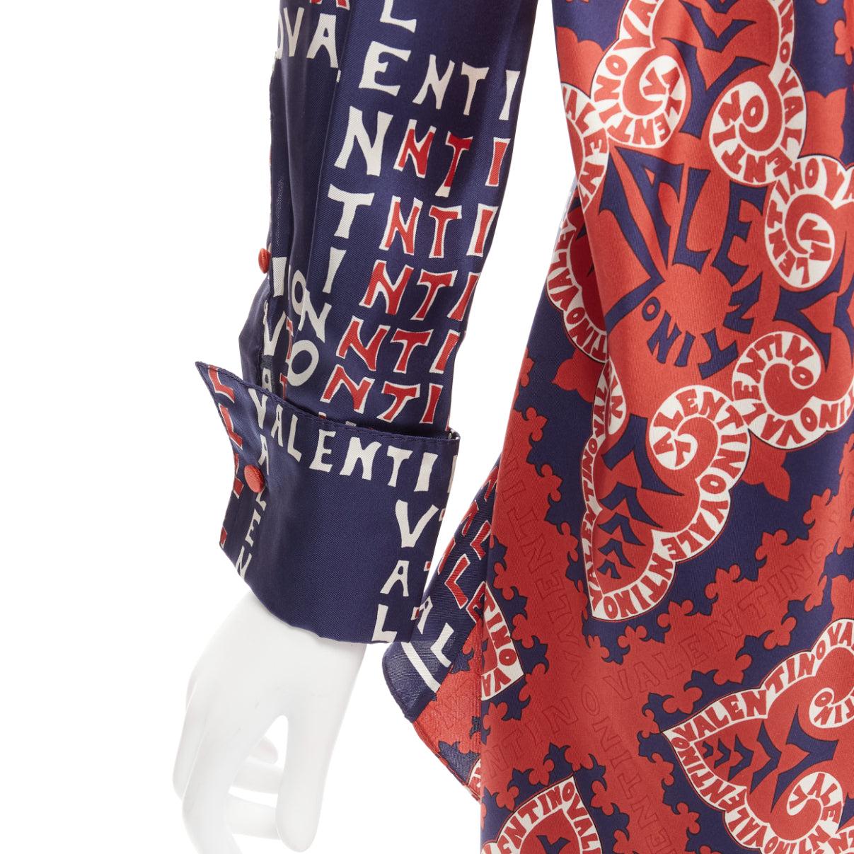 VALENTINO 100% silk navy red Archive Logo print wrap kimono shirt IT36 XXS For Sale 2