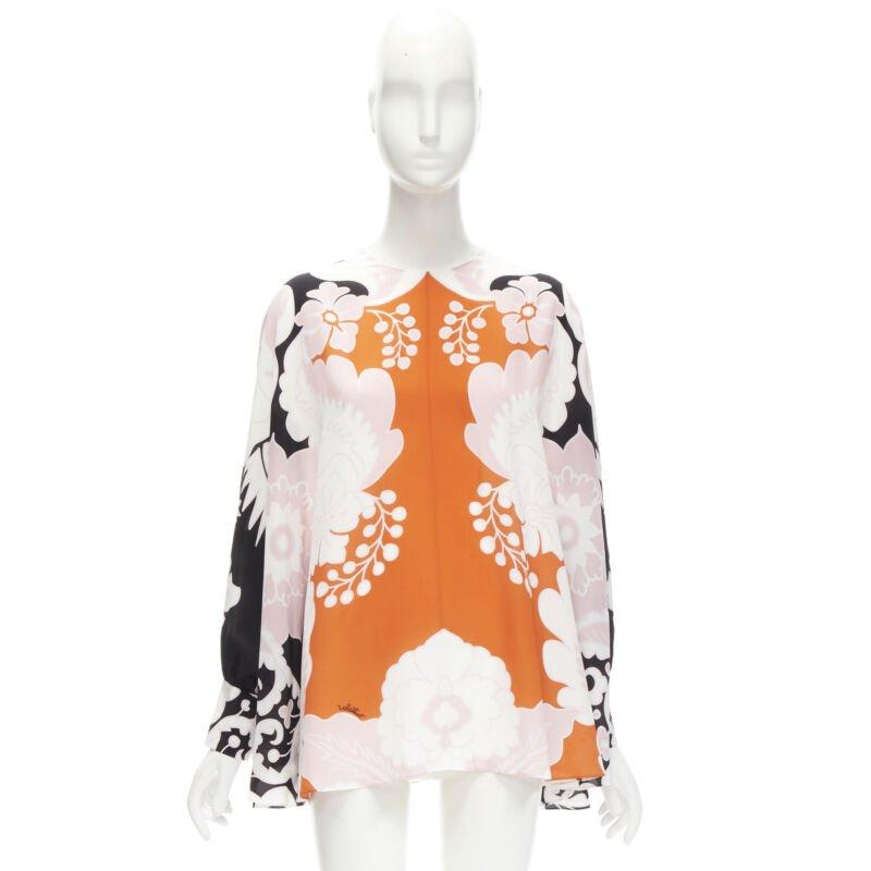 VALENTINO 100% seda naranja rosa negro estampado floral blusa camisa IT36 XS en venta 6