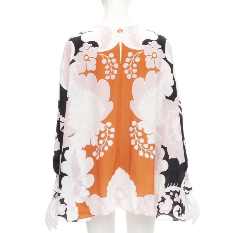 VALENTINO 100% seda naranja rosa negro estampado floral blusa camisa IT36 XS en venta 1