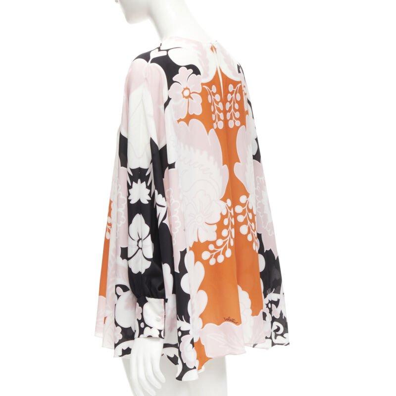 VALENTINO 100% seda naranja rosa negro estampado floral blusa camisa IT36 XS en venta 2