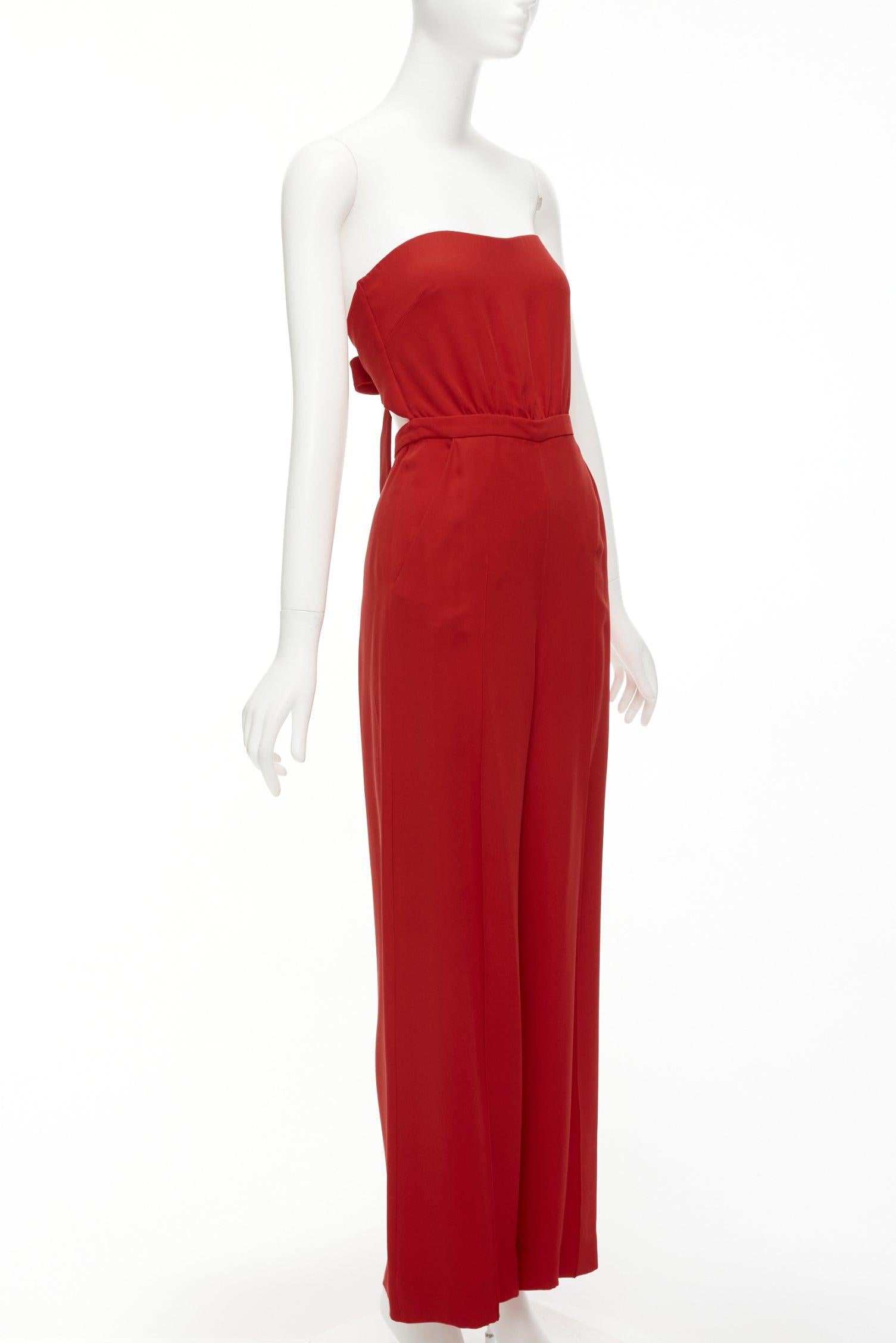 Red VALENTINO 100% silk red strapless back tie bow wide leg jumpsuit IT38 XS