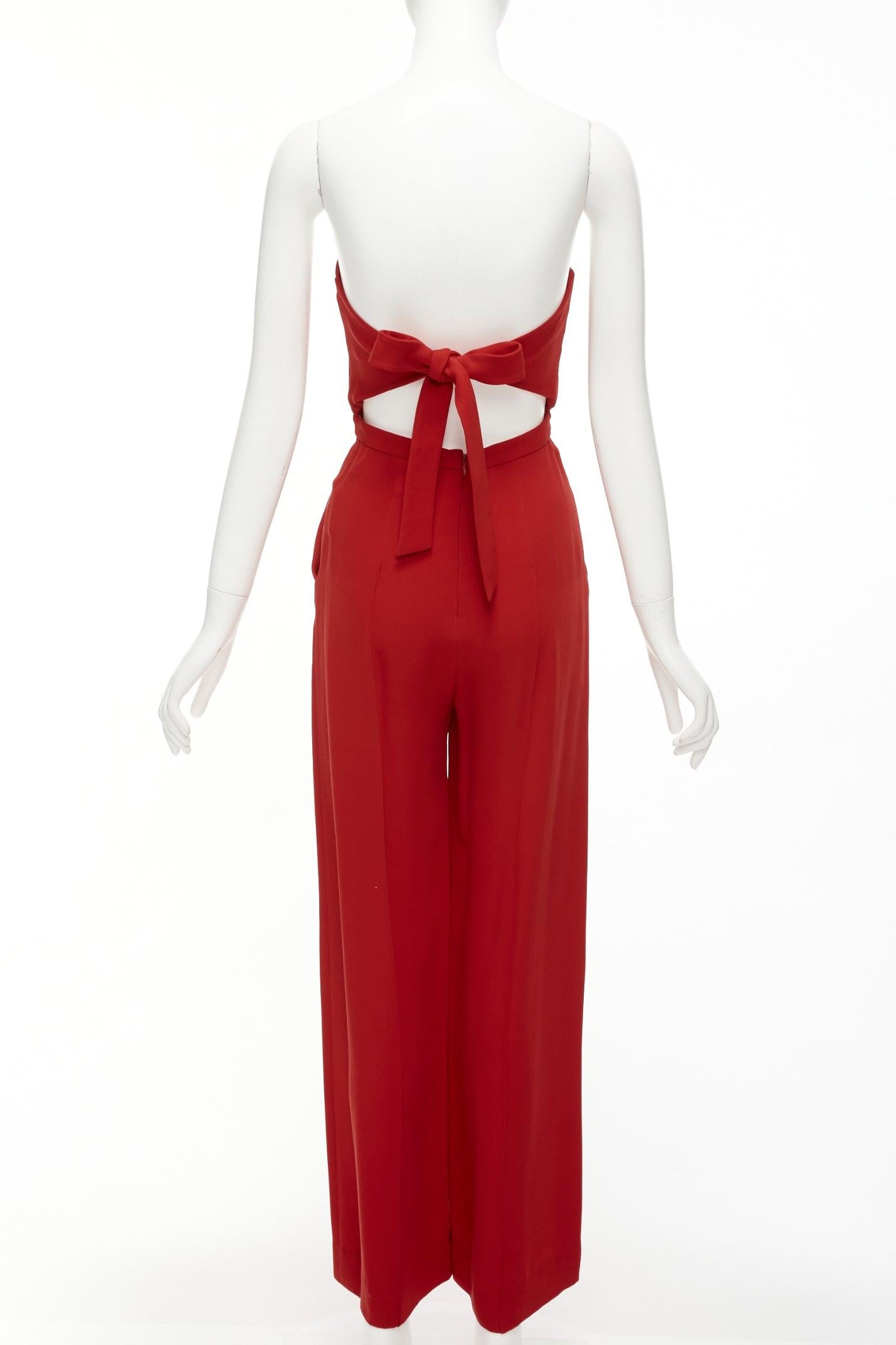 VALENTINO 100% silk red strapless back tie bow wide leg jumpsuit IT38 XS For Sale 2