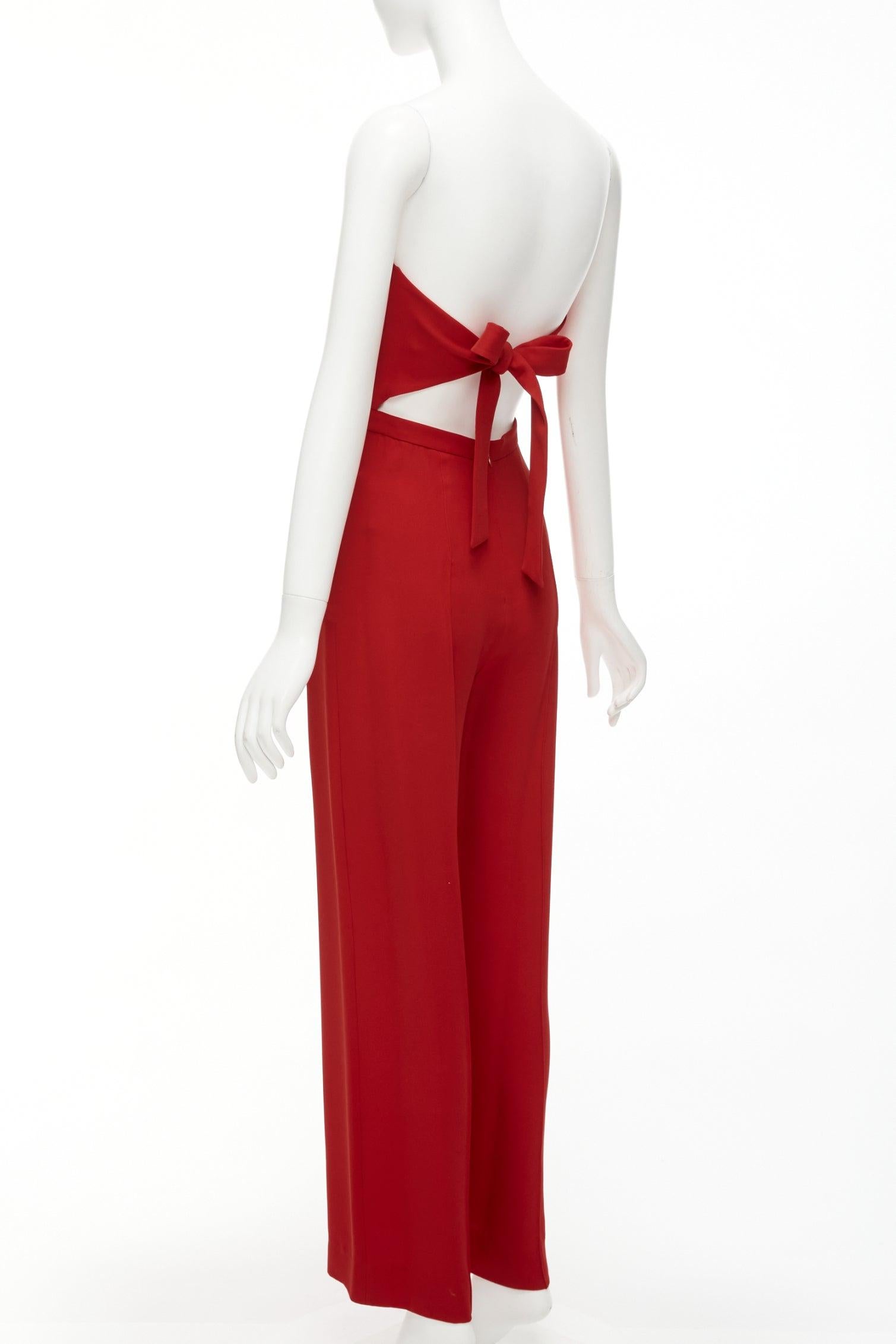 VALENTINO 100% silk red strapless back tie bow wide leg jumpsuit IT38 XS For Sale 3