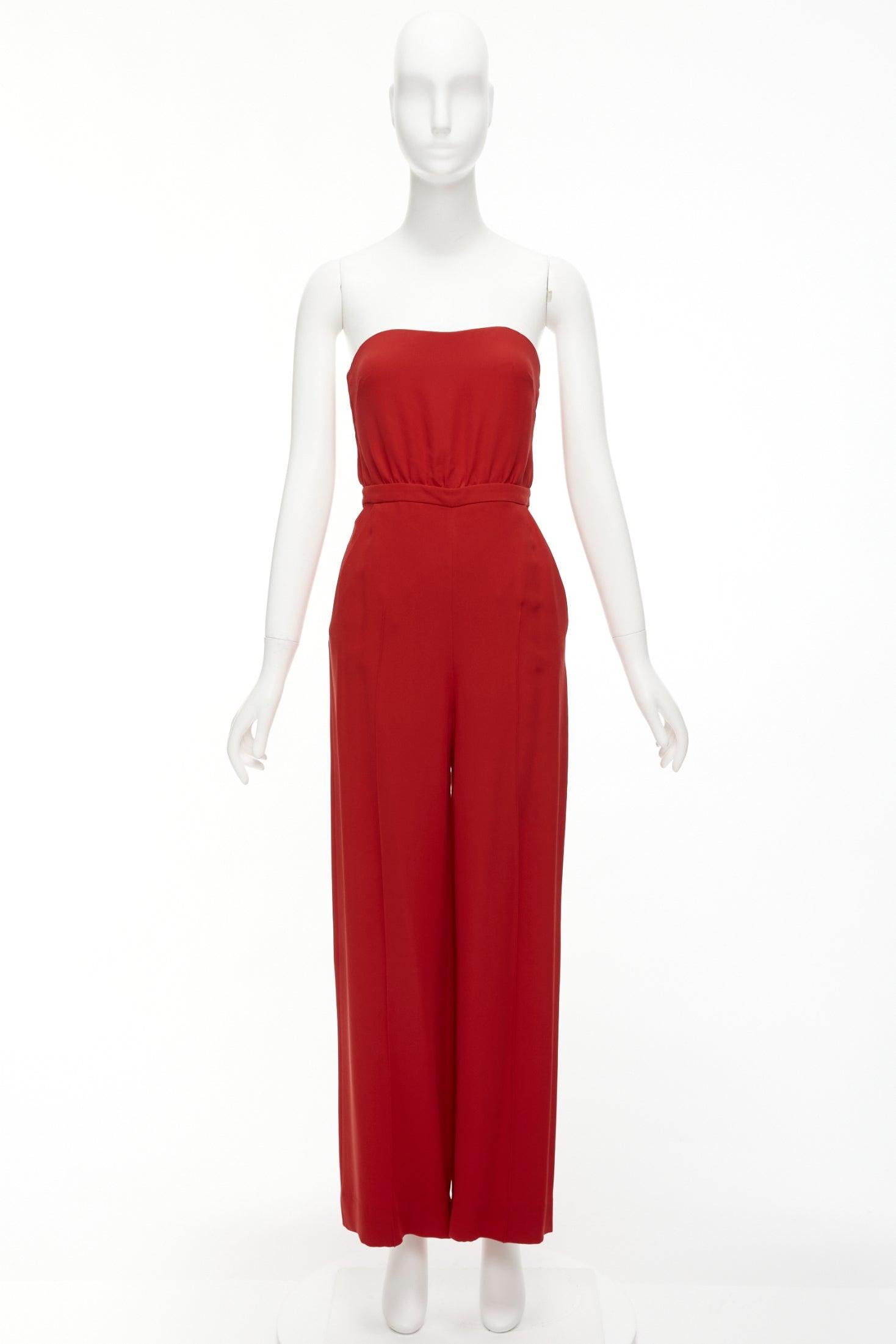 VALENTINO 100% silk red strapless back tie bow wide leg jumpsuit IT38 XS For Sale 6