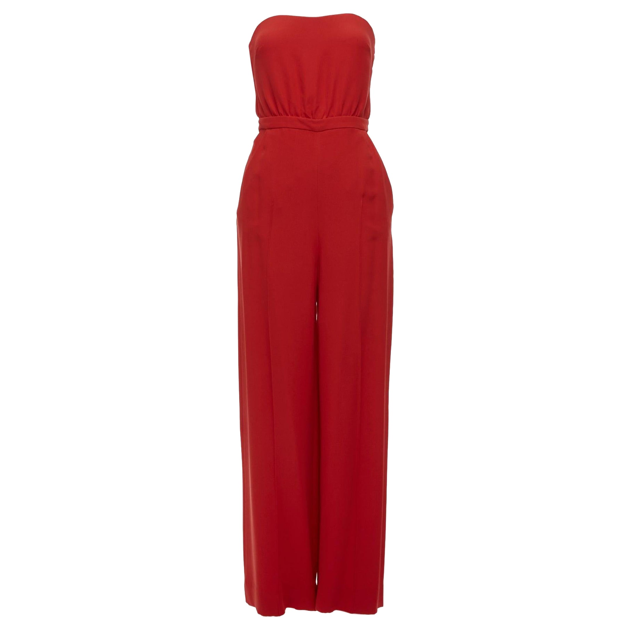 VALENTINO 100% silk red strapless back tie bow wide leg jumpsuit IT38 XS