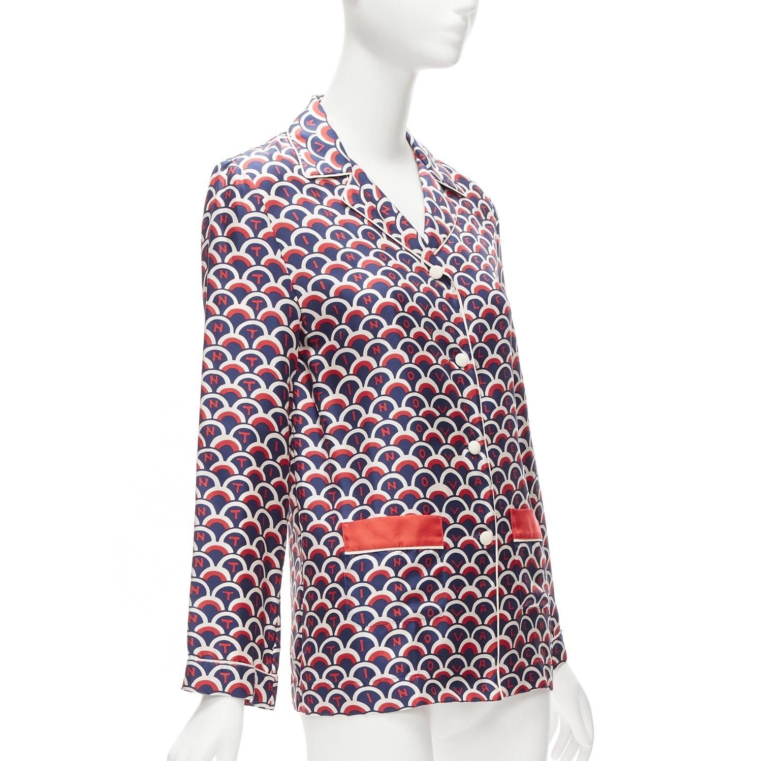 Gray VALENTINO 100% silk Scale navy red logo print pajama shirt IT36 XXS For Sale