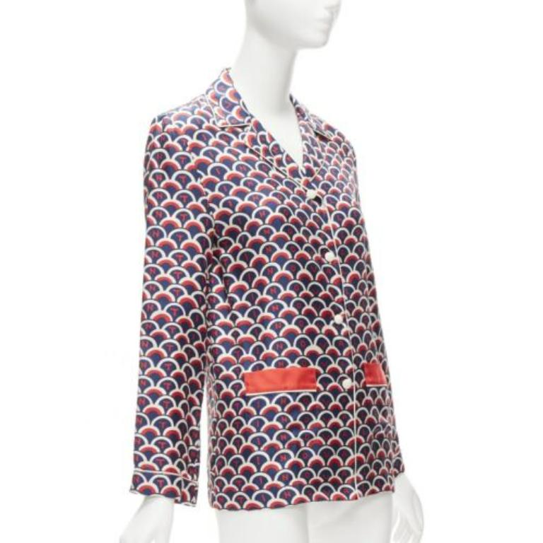 Gray VALENTINO  100% silk Scale navy red logo print pajama shirt IT36 XXS For Sale