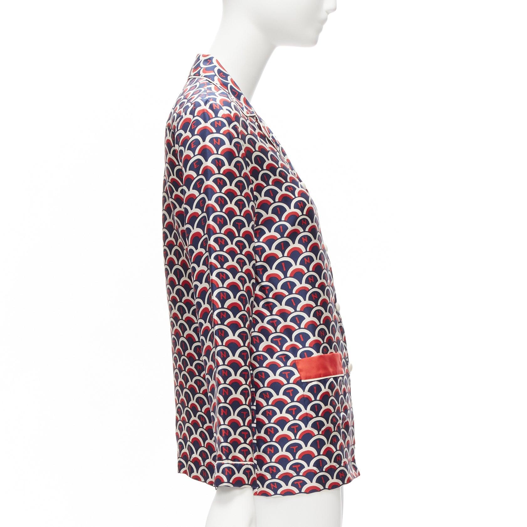 Women's VALENTINO 100% silk Scale navy red logo print pajama shirt IT36 XXS For Sale