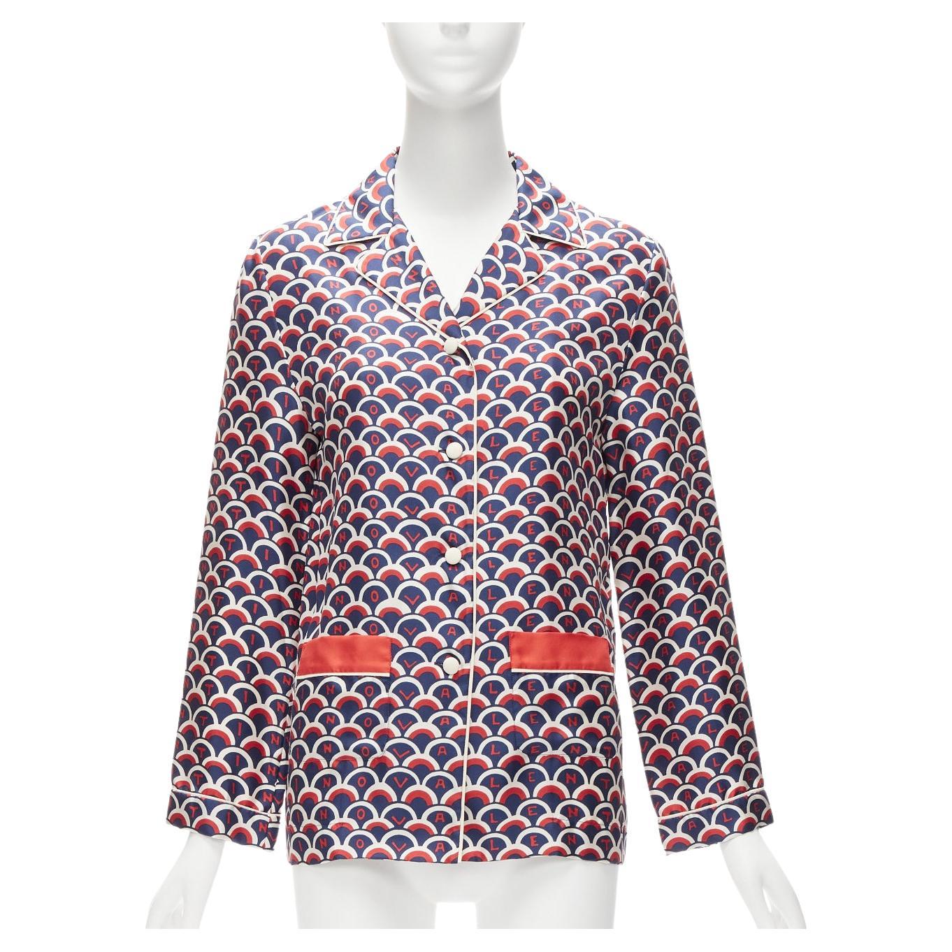 VALENTINO 100% Pajama-Hemd aus Seide in Marineblau und Rot mit Logodruck IT36 XXS im Angebot