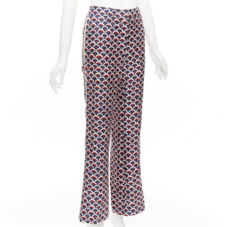 Gray VALENTINO 100% silk  scallop print logo print navy red flared pants IT36 XXS For Sale