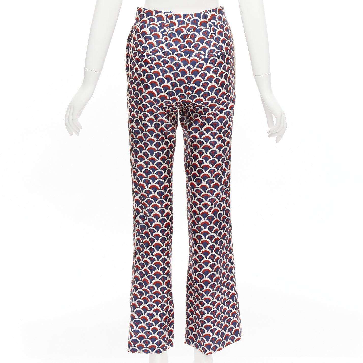 VALENTINO 100% silk scallop print logo print navy red flared pants IT36 XXS For Sale 1