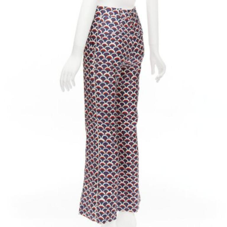 VALENTINO 100% silk  scallop print logo print navy red flared pants IT36 XXS For Sale 2