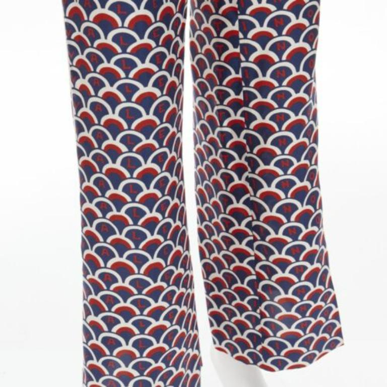 VALENTINO 100% silk  scallop print logo print navy red flared pants IT36 XXS For Sale 3