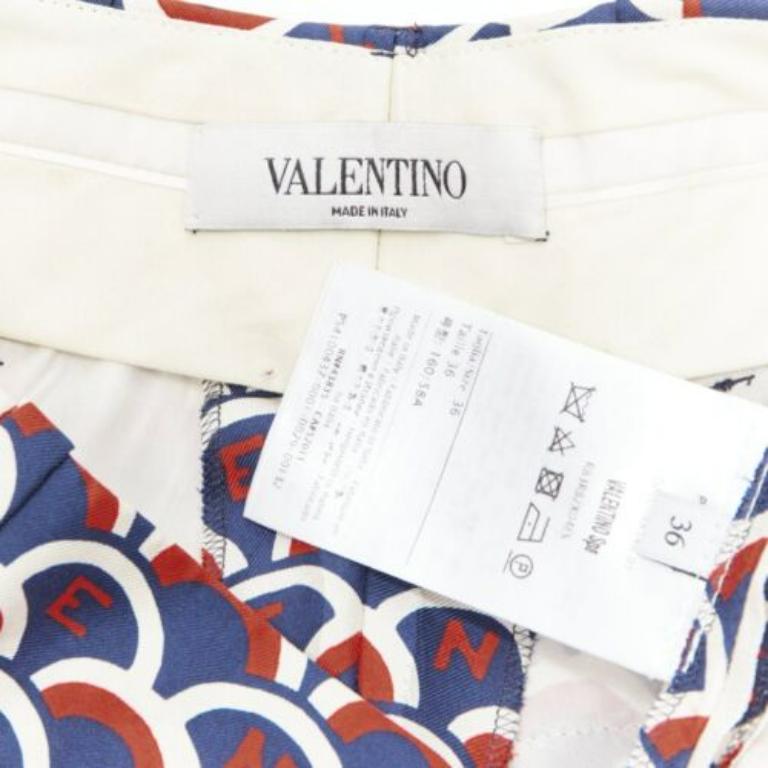 VALENTINO 100% silk  scallop print logo print navy red flared pants IT36 XXS For Sale 4