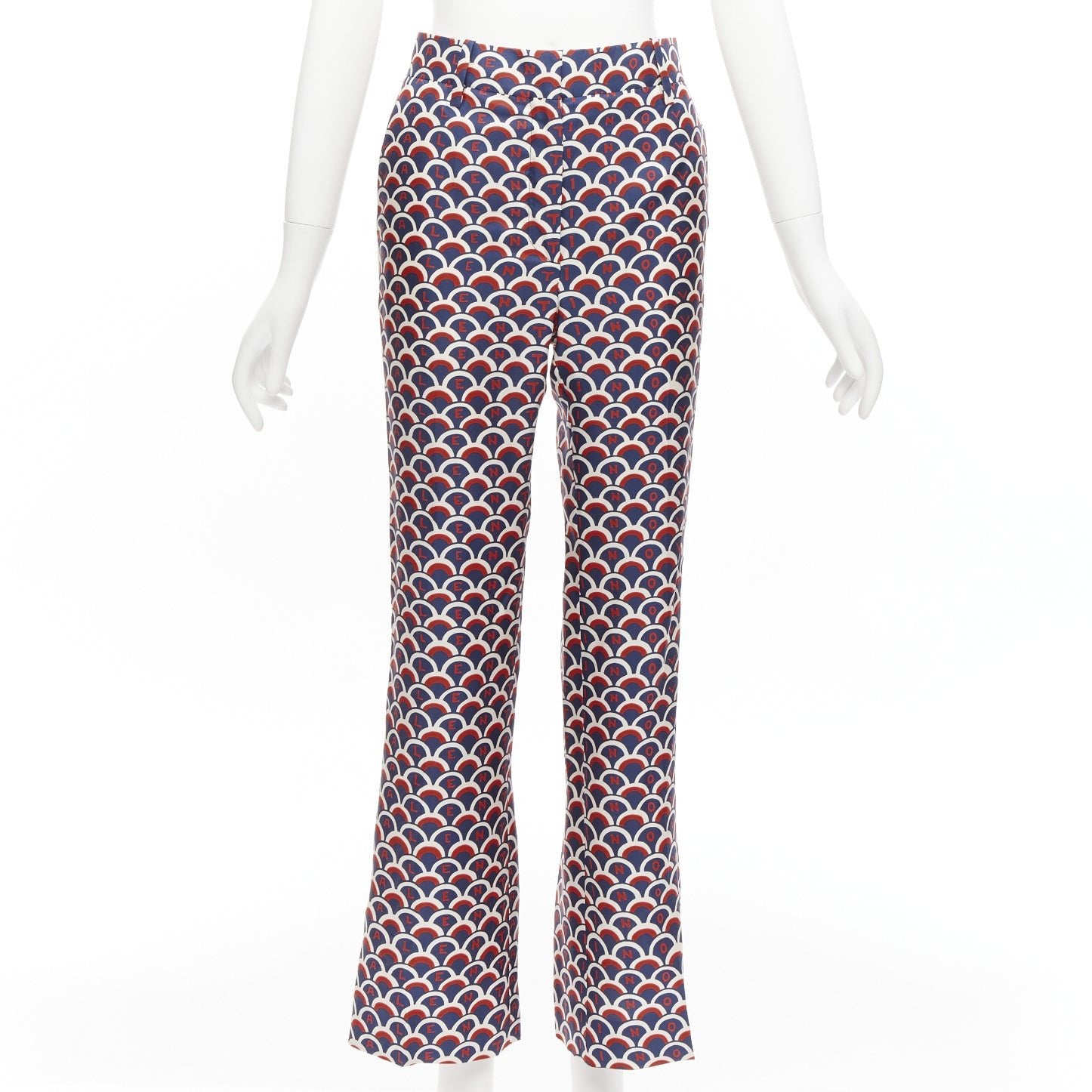 VALENTINO 100% seda  pantalón acampanado rojo marino con logo estampado festón IT36 XXS