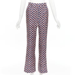 VALENTINO 100% silk  scallop print logo print navy red flared pants IT36 XXS