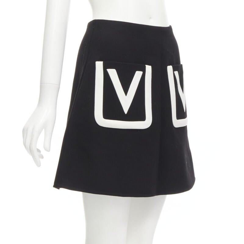 Black VALENTINO 100% virgin wool black V Logo patch pocket A-line skirt IT38 XS