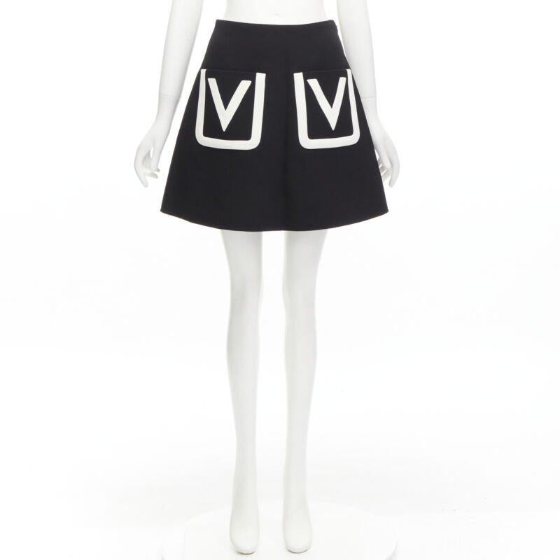 VALENTINO 100% virgin wool black V Logo patch pocket A-line skirt IT38 XS 5