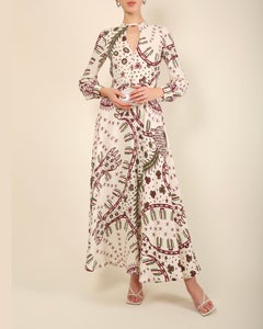 Valentino 18 white aztec leopard print crepe cady low cut silk gown dress IT 38