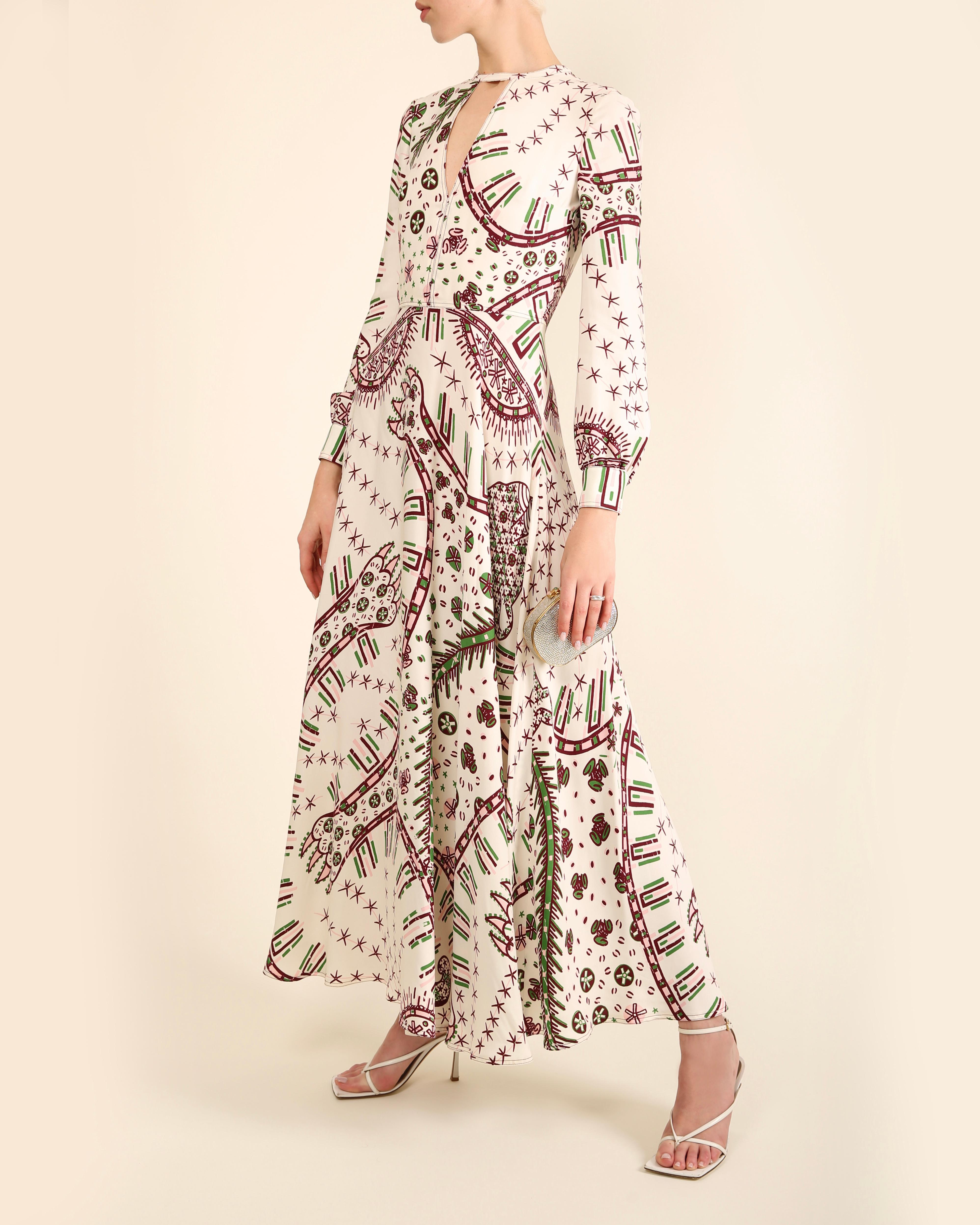 White Valentino 18 white aztec leopard print crepe cady low cut silk gown dress IT 38 For Sale