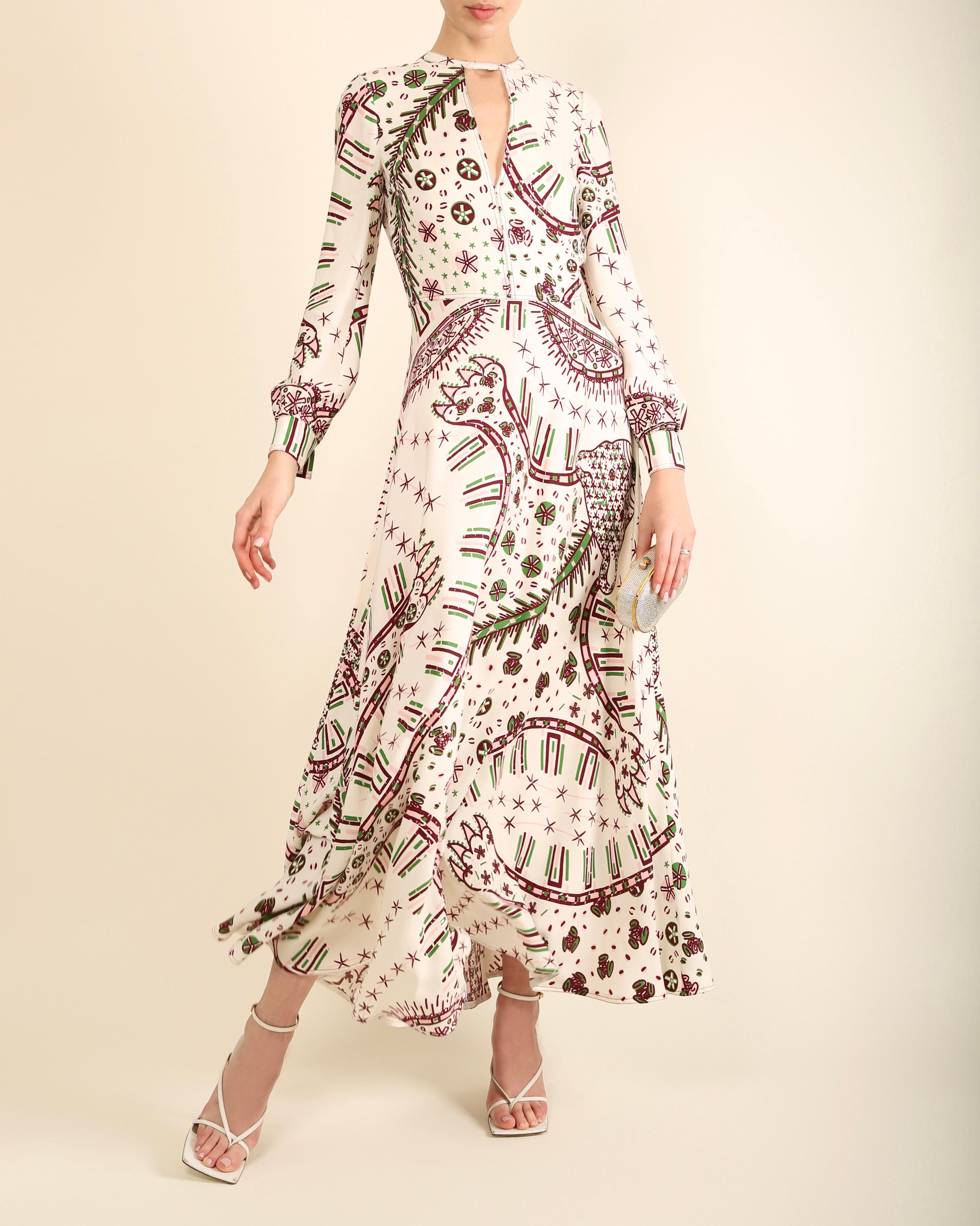 Women's Valentino 18 white aztec leopard print crepe cady low cut silk gown dress IT 38 For Sale