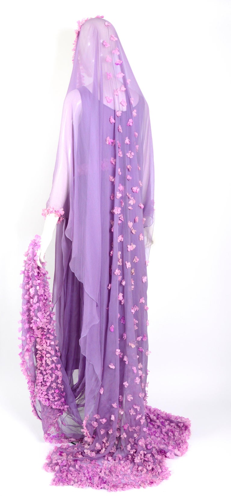 Spectacular vintage 1960s Valentino design lilac silk chiffon kaftan dress. 
This dress is stunning and would make an amazing wedding piece for the bride looking for a non-traditional choice or as an alternative dress in a more extended wedding
