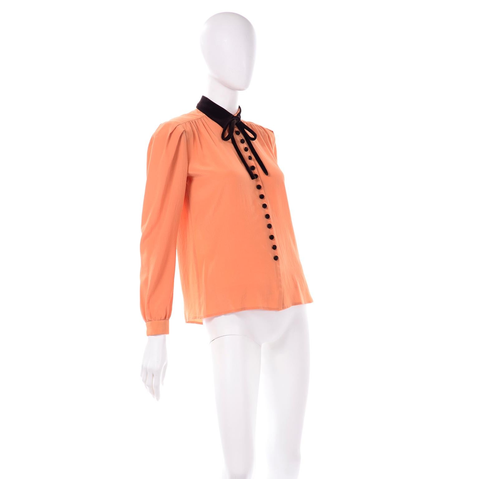 Valentino 1970s Vintage Silk Orange Blouse with Brown Velvet Trim 1