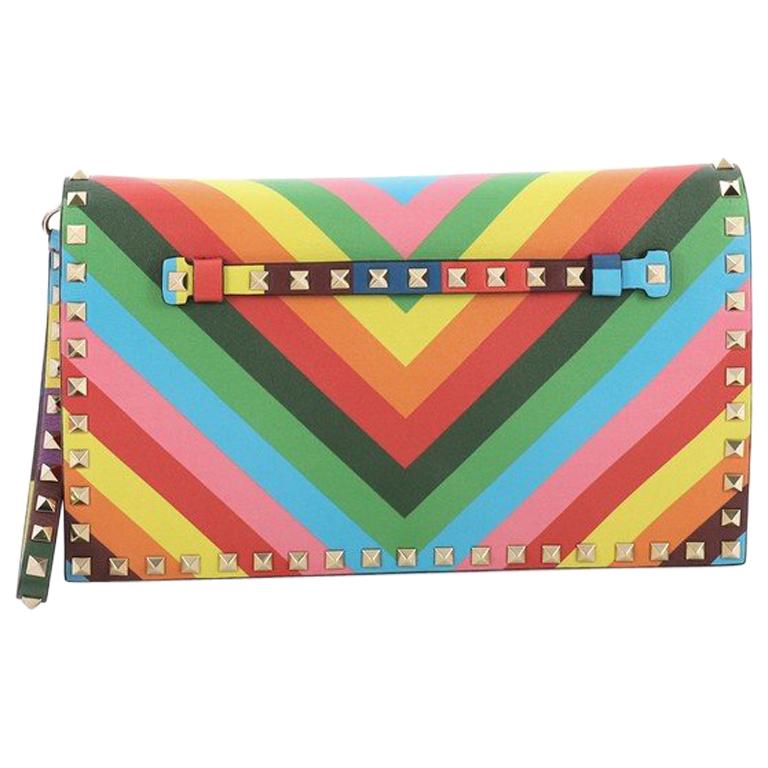 Valentino 1973 Rockstud Flap Clutch Striped Leather