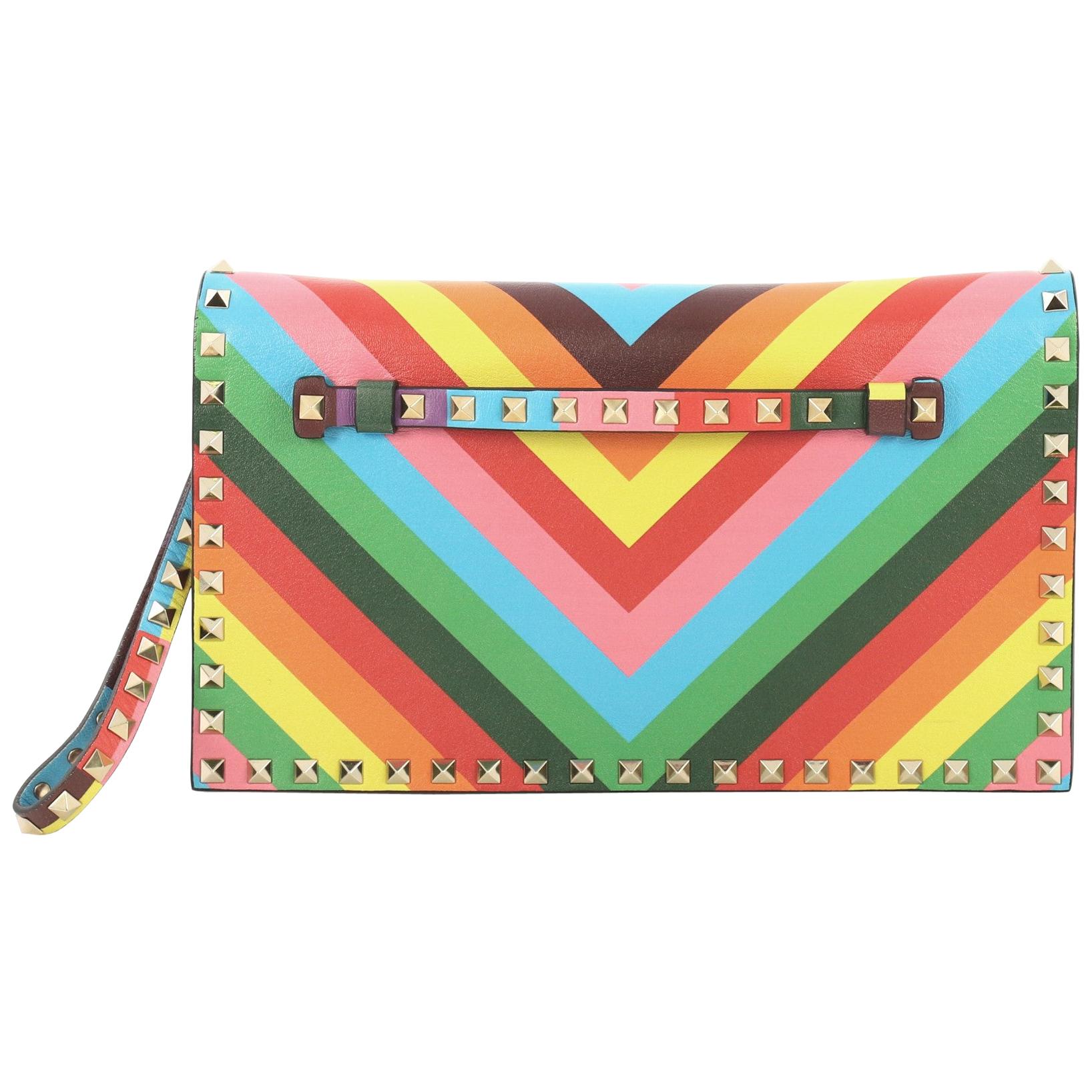 Valentino 1973 Rockstud Flap Clutch Striped Leather
