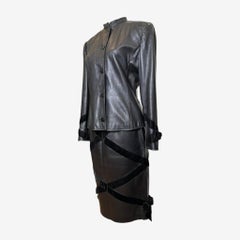 Valentino 1980s Black Leather Jacket and Skirt Ensemble