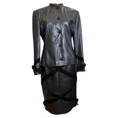 Valentino 1980s Black Leather Jacket and Skirt Ensemble