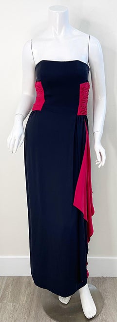 Valentino 1980s Black / Red Silk Jersey Vintage Strapless 80s Gown Size Small
